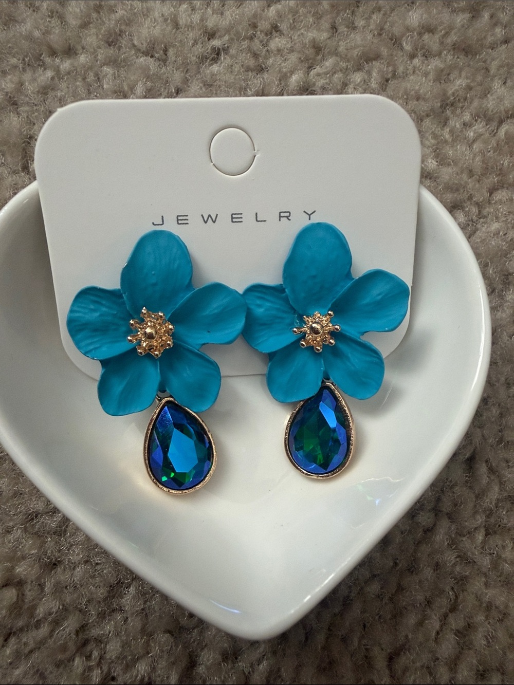 Blue Floral Drop Earrings with Blue-Green Crystal Teardrops
